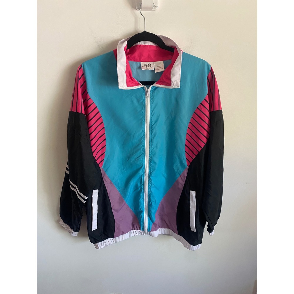 Funny Guy‎ Mugs Mens Retro 80s 90s Windbreaker Jacket Teal Pink Black Small